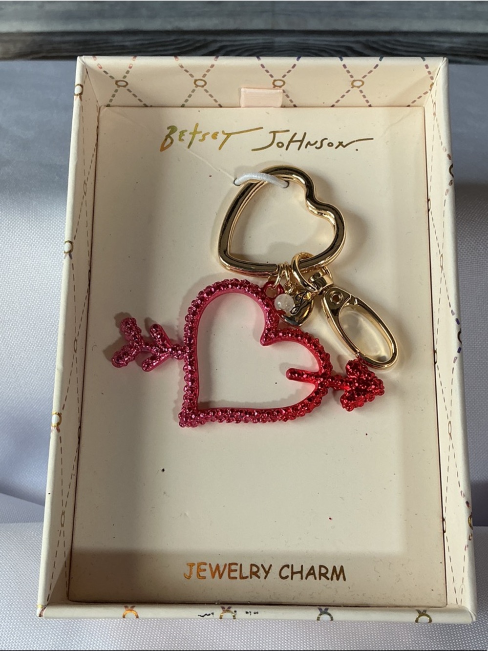 Betsey Johnson Heart Arrow Keychain Charm Pink Rhinestone NIB Gift